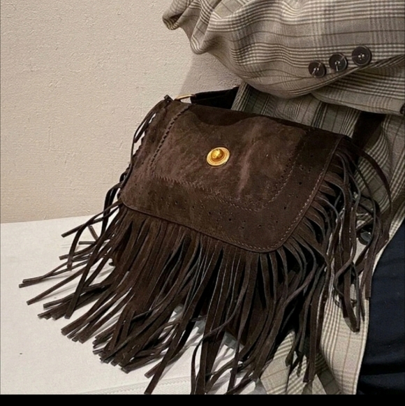 BROWN CHOCOLATE MEDIUM FRINGE BOHEMIAN BAG - Picture 6 of 12